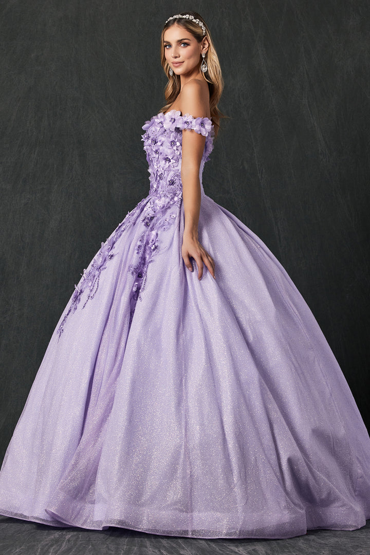 Juliet 1433 off-shoulder floral applique sweetheart ball gown quinceanera dress side view