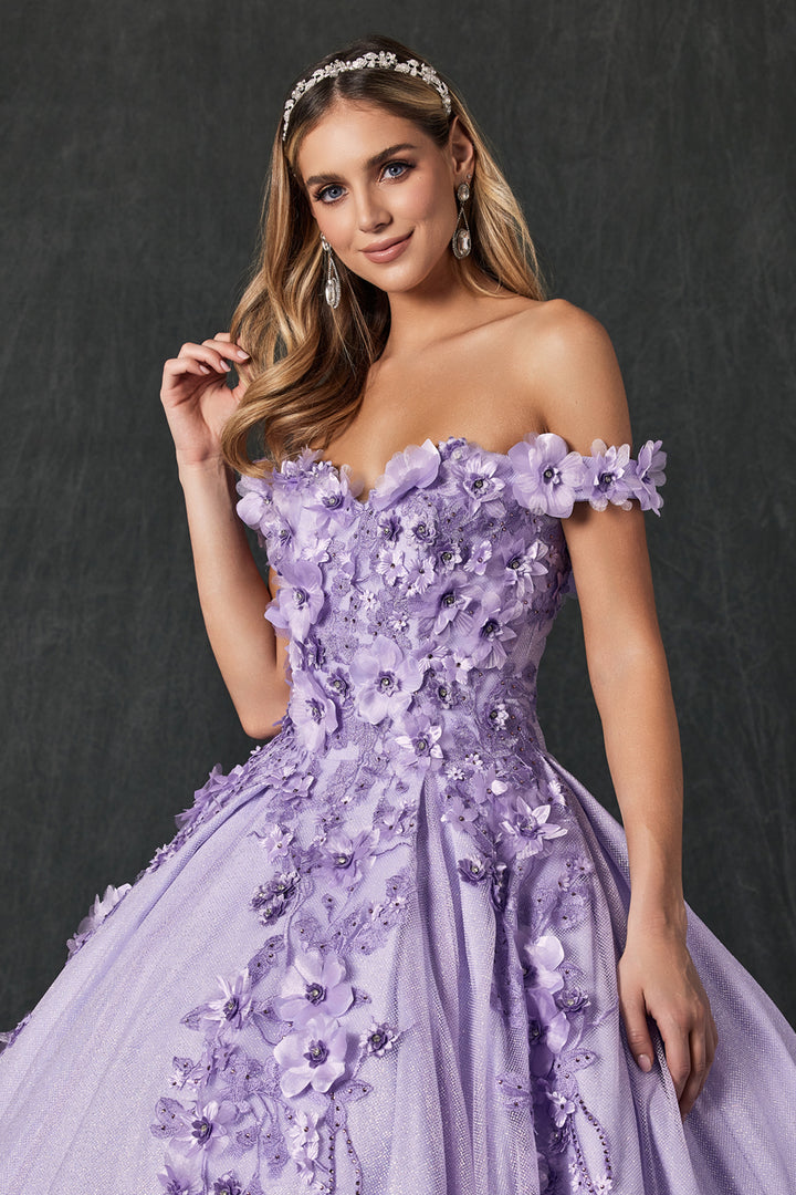 Juliet 1433 off-shoulder floral applique sweetheart ball gown quinceanera dress detail view
