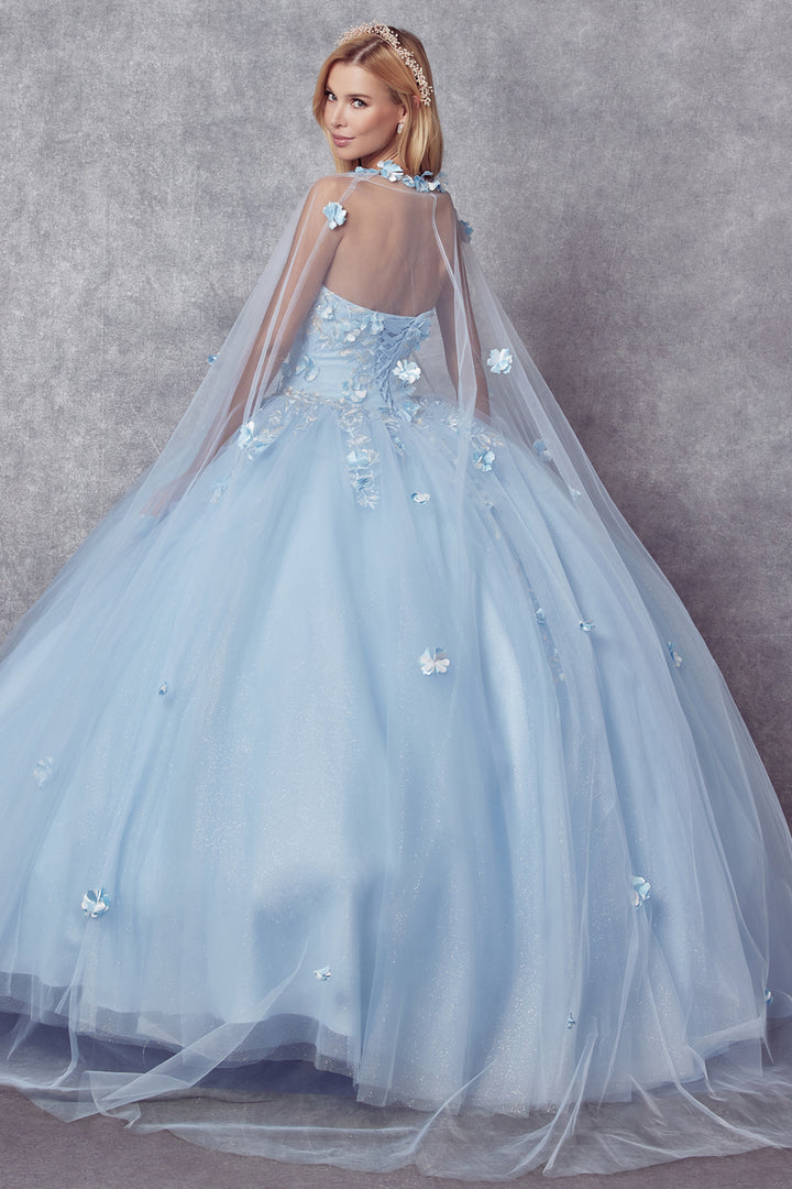 Juliet 1435 quinceanera dress back view with sheer cape