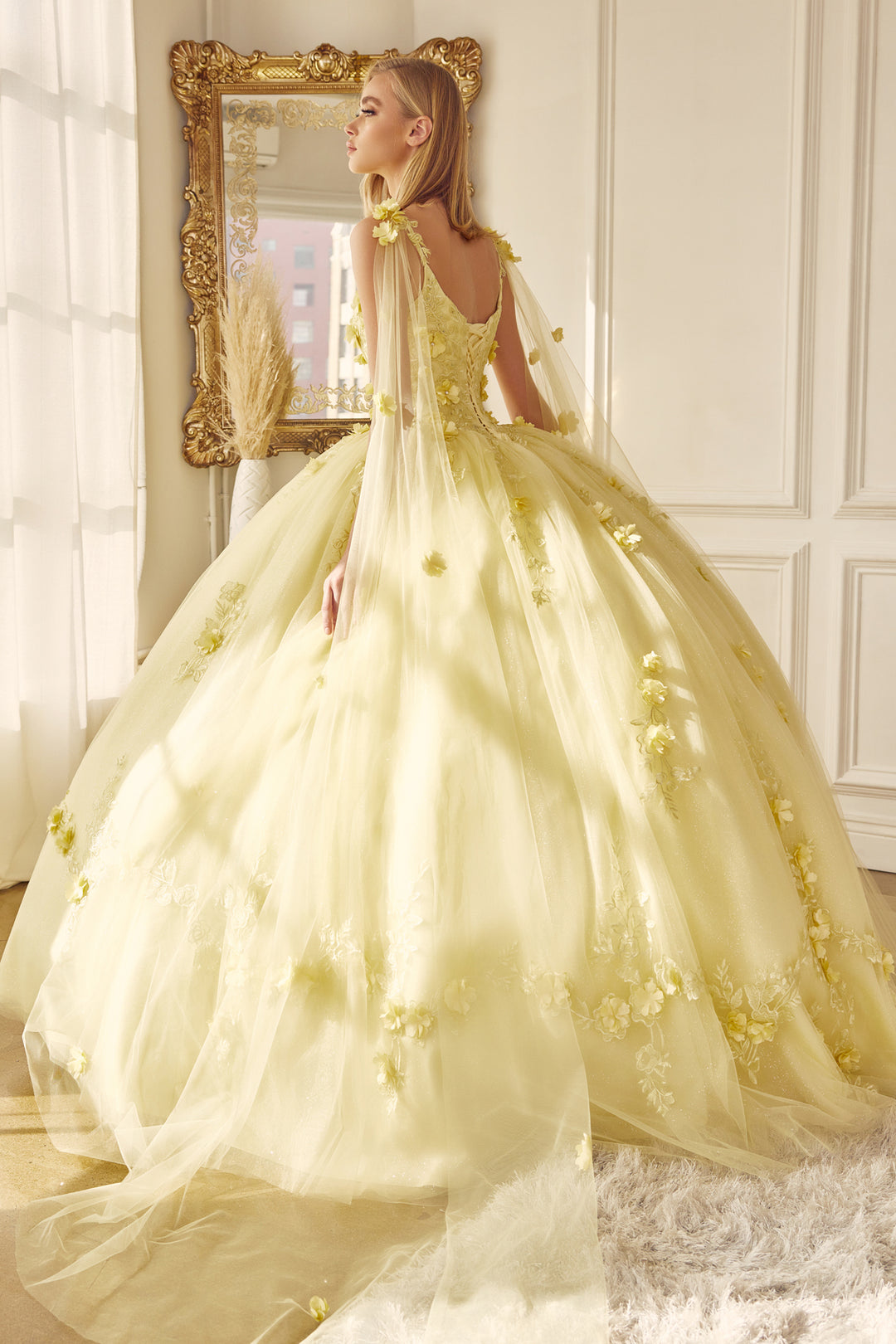 Juliet 1436 attached cape 3D floral applique ball gown quinceanera dress back view, option 3