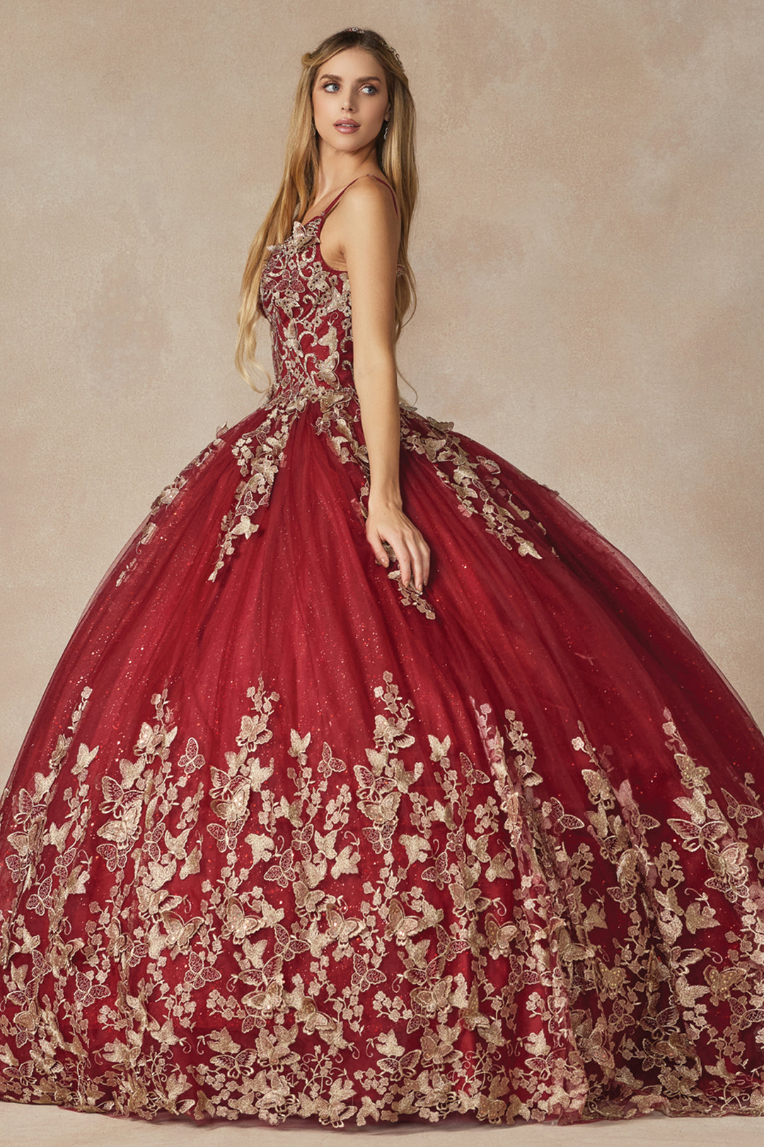 Juliet 1442 butterfly appliqué cape quinceanera dress side view with appliqué skirt
