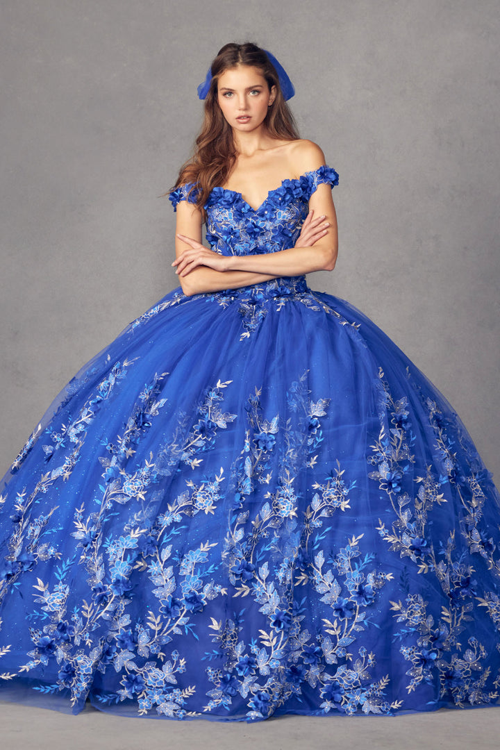 Juliet 1447 off-shoulder floral appliqué quinceanera dress front view, option 4