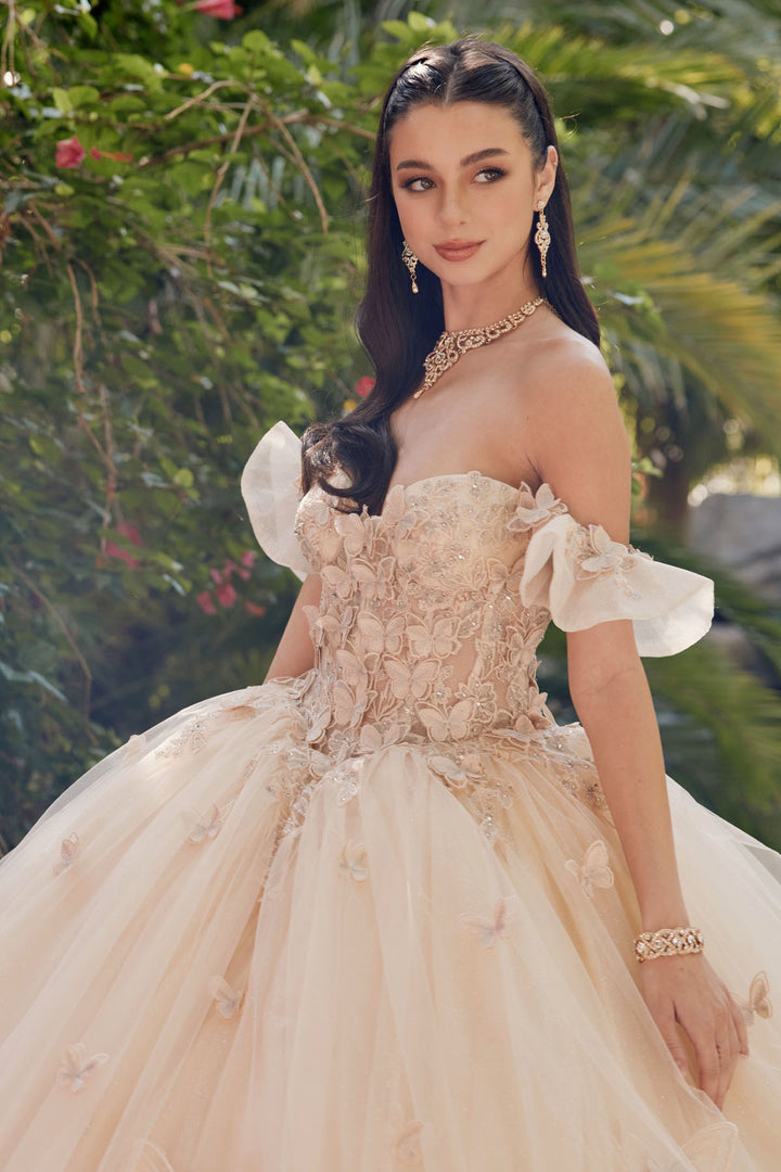 Juliet JT1448J butterfly appliqué bodice and ruffled off-shoulder cuff detail view