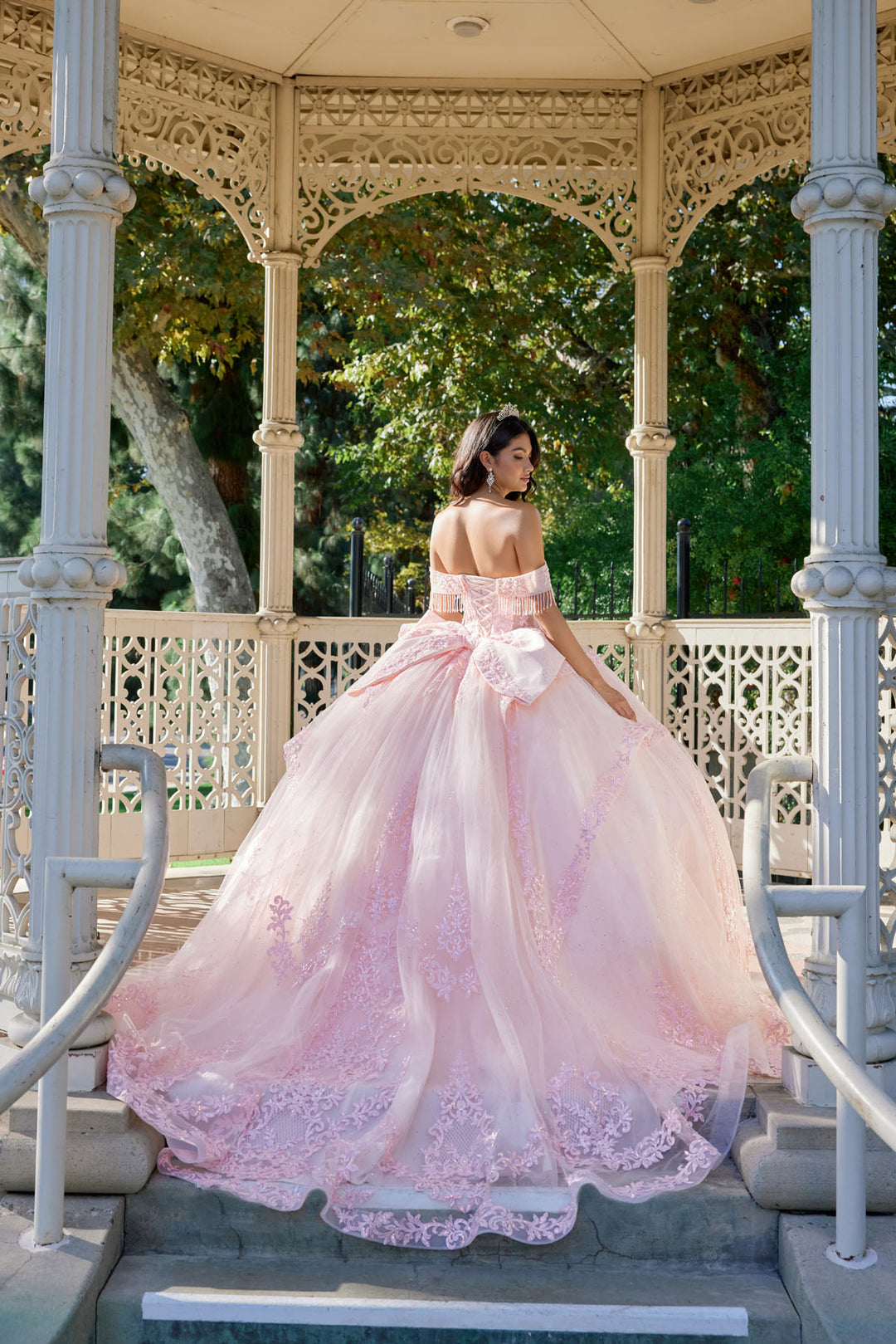 Juliet JT1503J quinceanera ball gown back view with bow and train