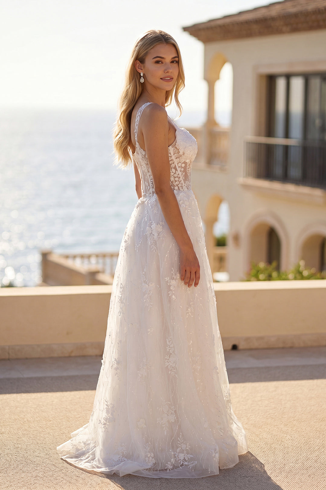 Juliet JT2495AW sleeveless sweetheart corset bodice A-line bridal gown side view