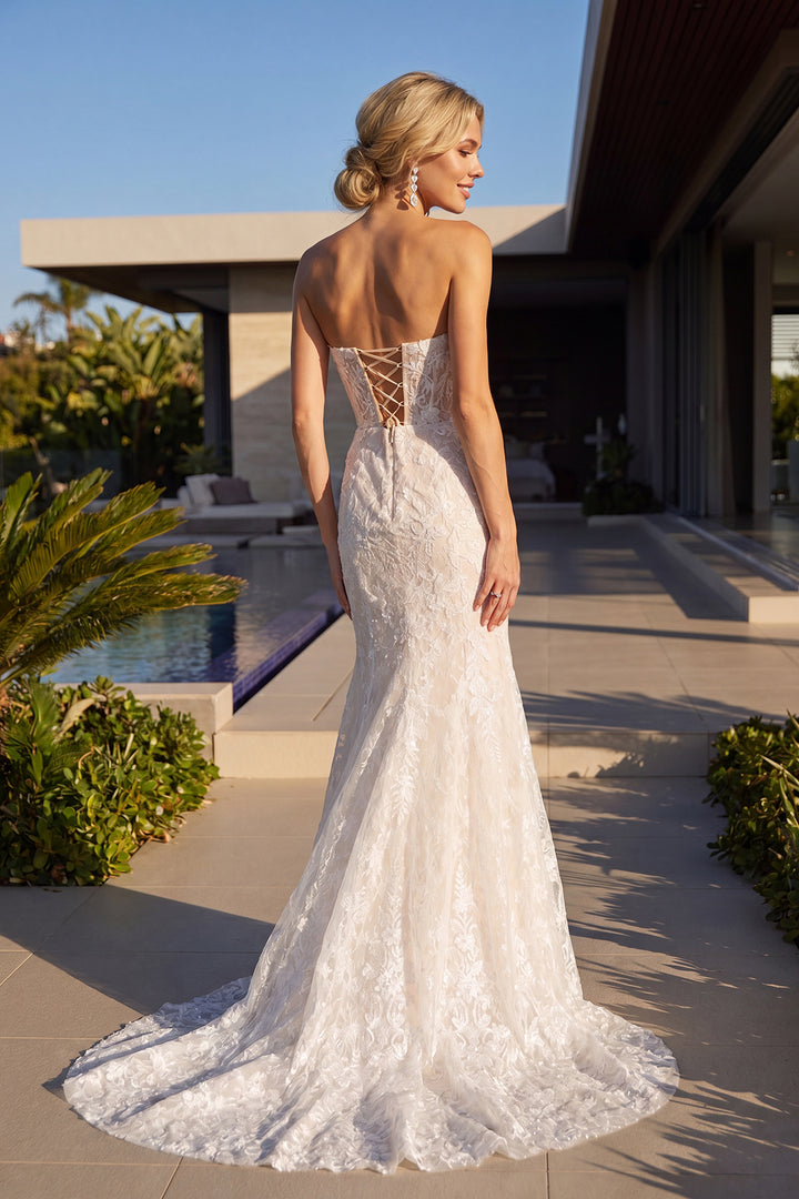 Juliet JT2667SW strapless mermaid bridal gown back view with lace-up back and train