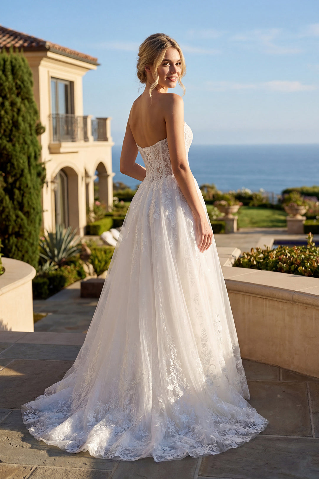 Juliet JT2670SW strapless sweetheart corset bodice bridal gown back view