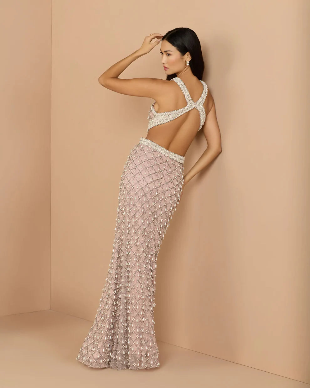 Mac Duggal 10098 Pearl Embellished Open Back Gown Dress - FOSTANI.com