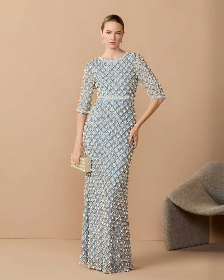Mac Duggal 10099 Pearl Embellished 3/4 Sleeve Gown - FOSTANI.com