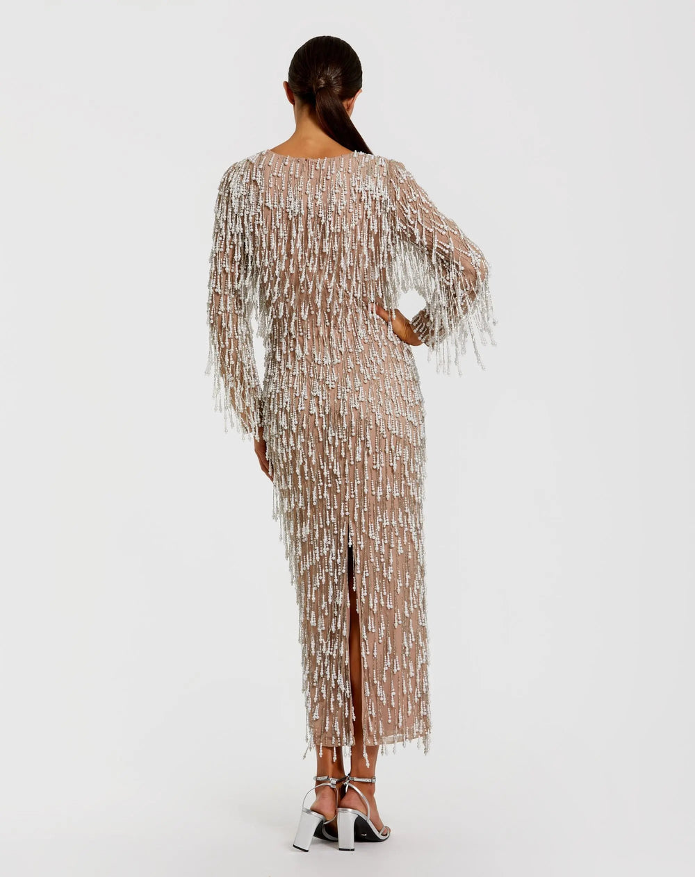 Beige Long Sleeve Midi Dress With Embellished Fringe - FOSTANI.com