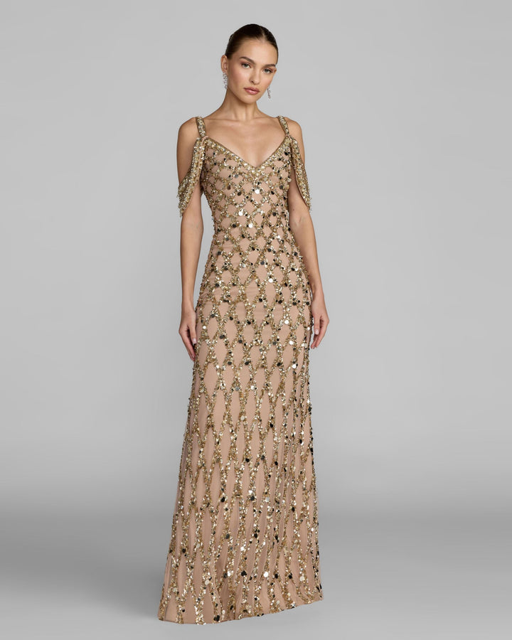 Mac Duggal 10139 Gold Sequin Embellished V-Neck Gown