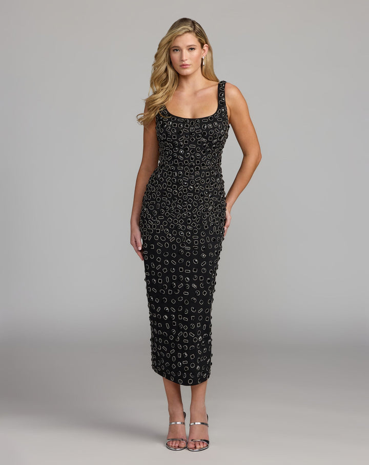 Mac Duggal 10193 Scoop Neck Beaded Scuba Midi Dress