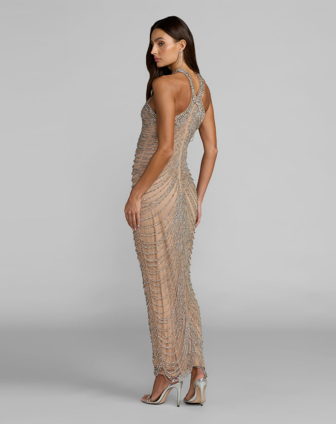 Mac Duggal 10206 Beige Halter Neck Embellished Maxi Dress