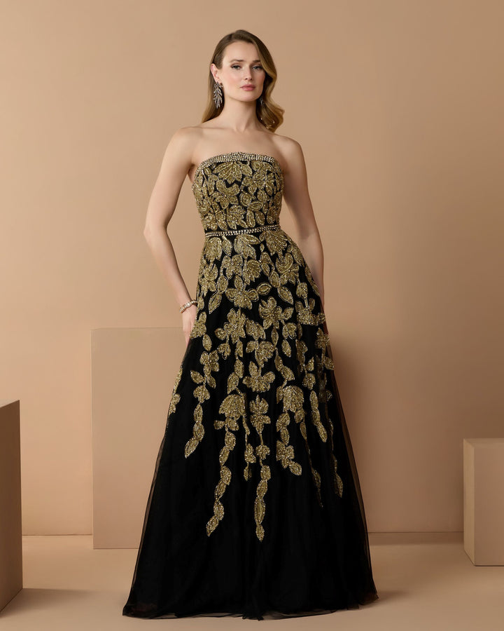 Mac Duggal 10274 Floral Embellished Strapless A-Line Gown
