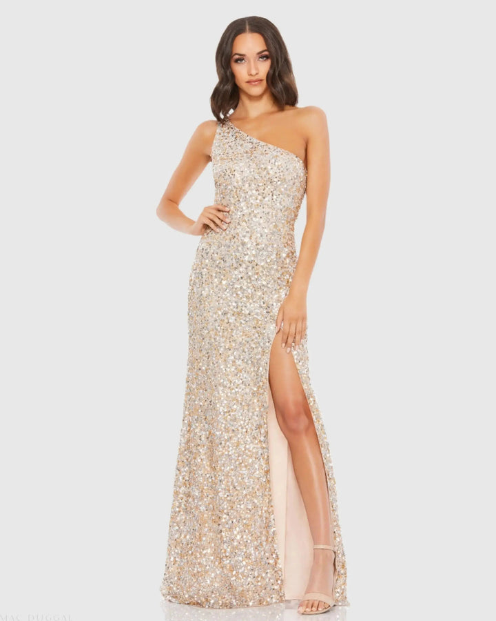 Mac Duggal 10729 Beige Sequin One Shoulder Gown With Slit