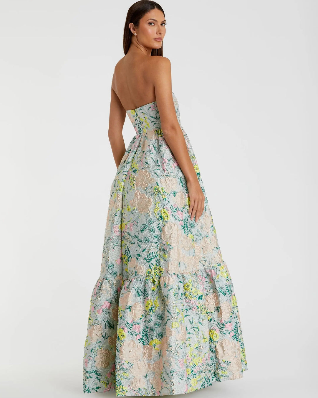 Multicolor Strapless Floral Brocade A-Line Gown - FOSTANI.com