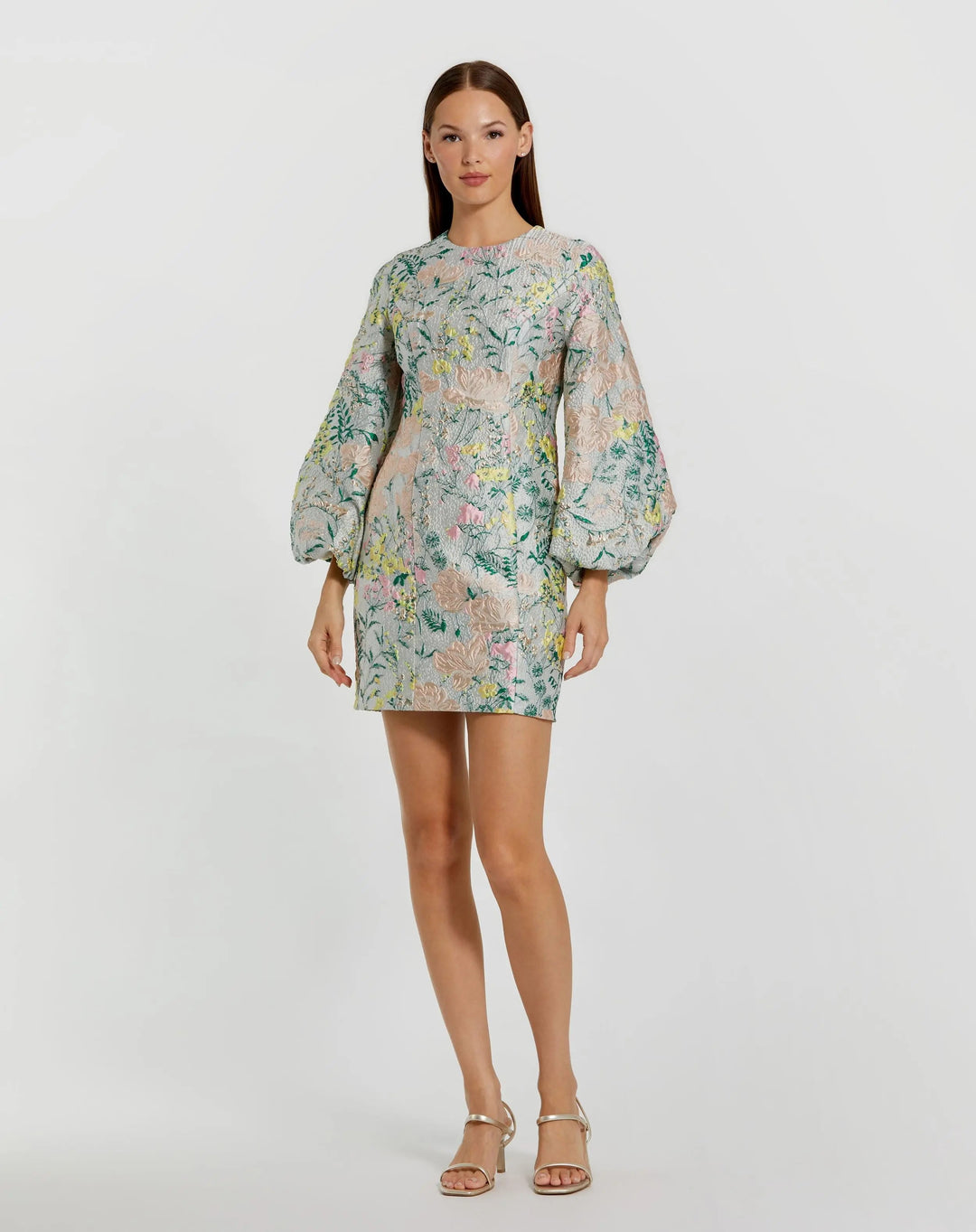 Mac Duggal 11609 Floral Brocade Puff Sleeve Fitted Mini Dress