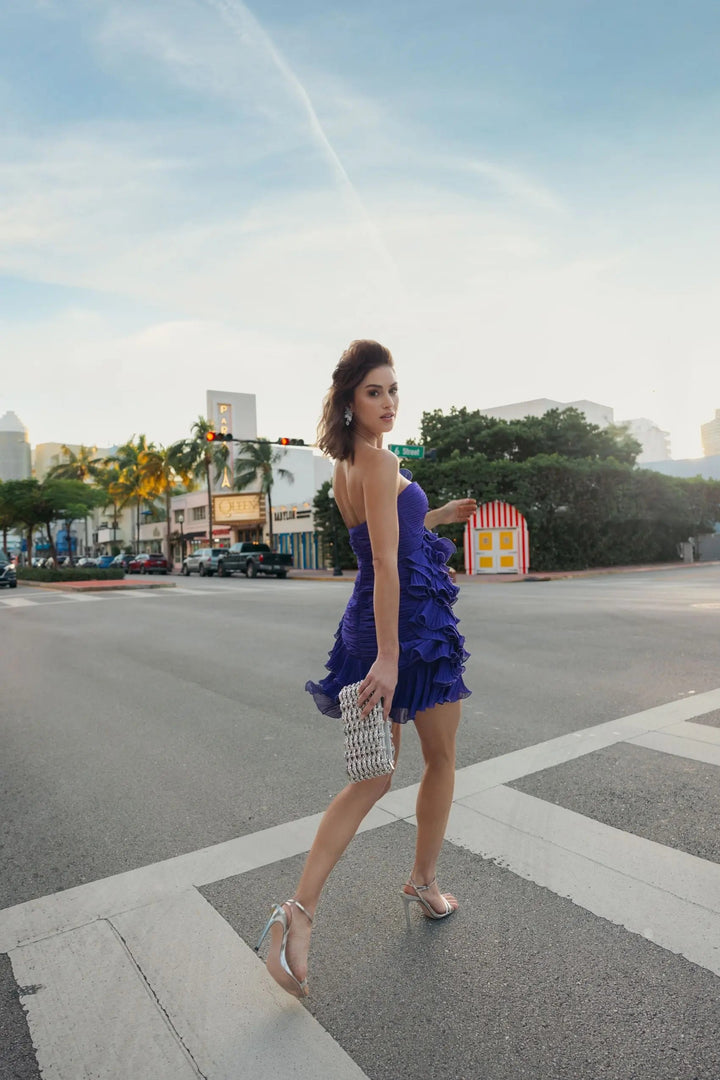 Blue Strapless Tiered Ruffle Mini Dress - FOSTANI.com