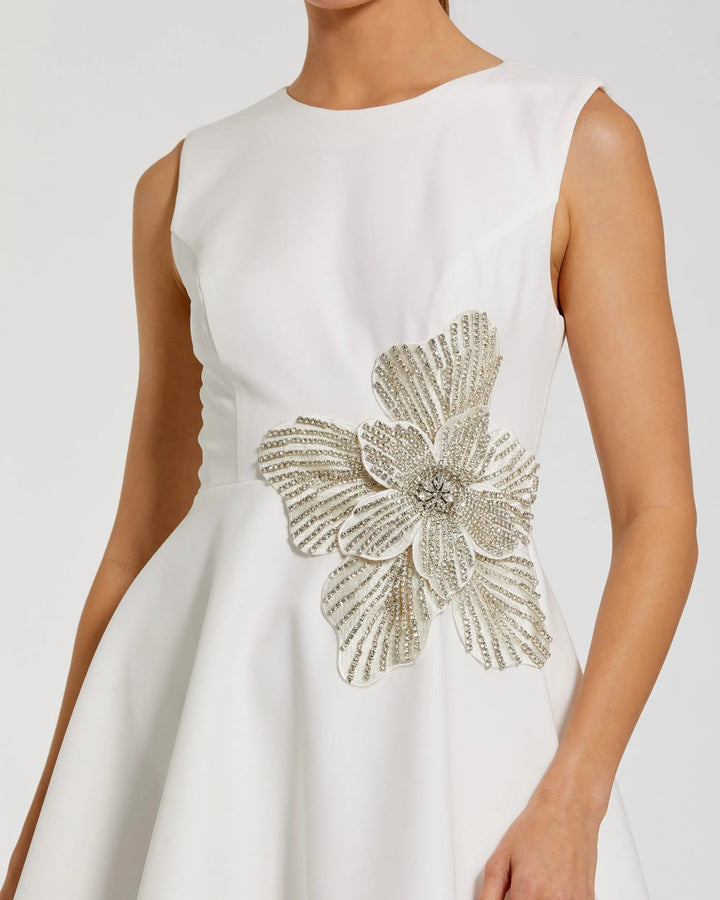 White Sleeveless Crepe Mini Dress With Rhinestone Flower - FOSTANI.com