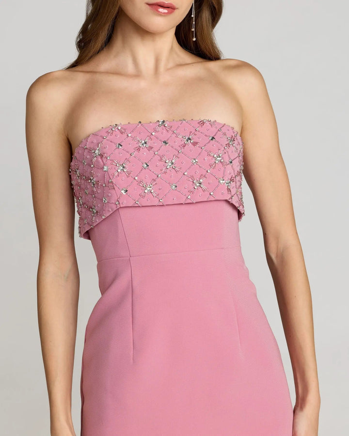 Pink Strapless Crepe Midi Dress With Rhinestone Detail - FOSTANI.com