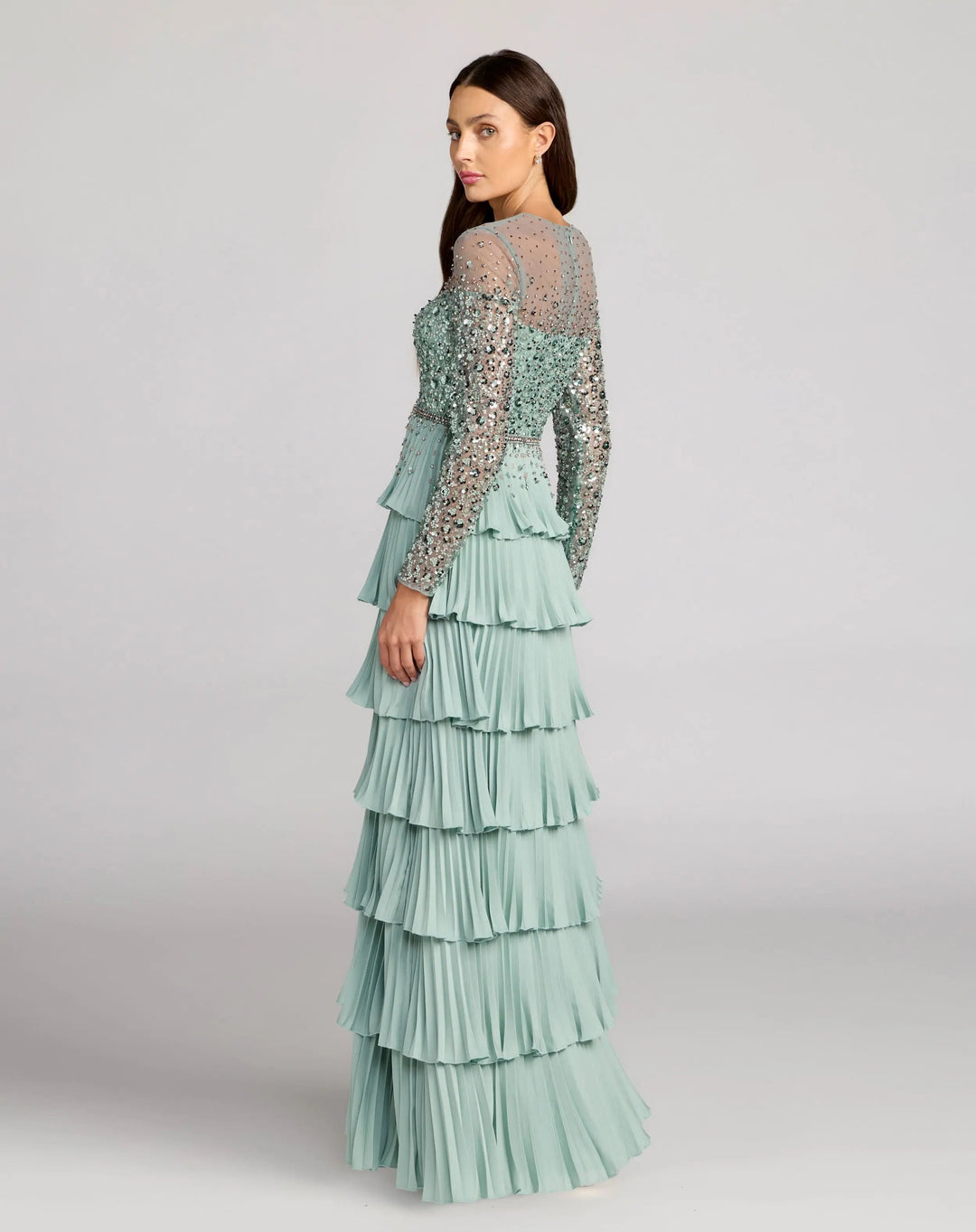 Mac Duggal 11903 Green Embellished Illusion Long Sleeve Ruffle Gown