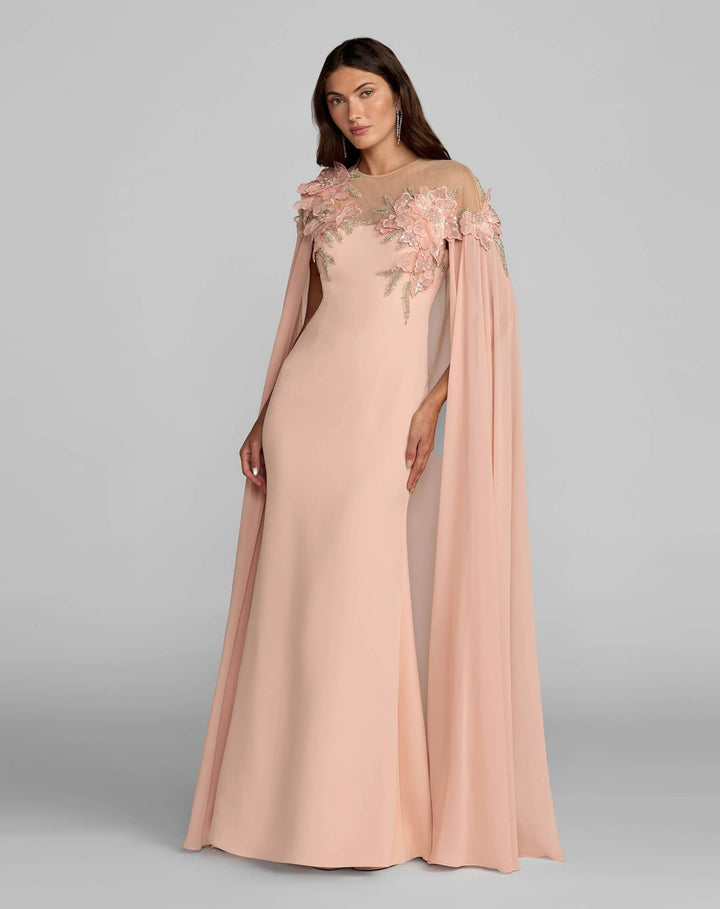 Mac Duggal 11942 Pink Embellished Crepe Gown With Chiffon Cape - FOSTANI.com