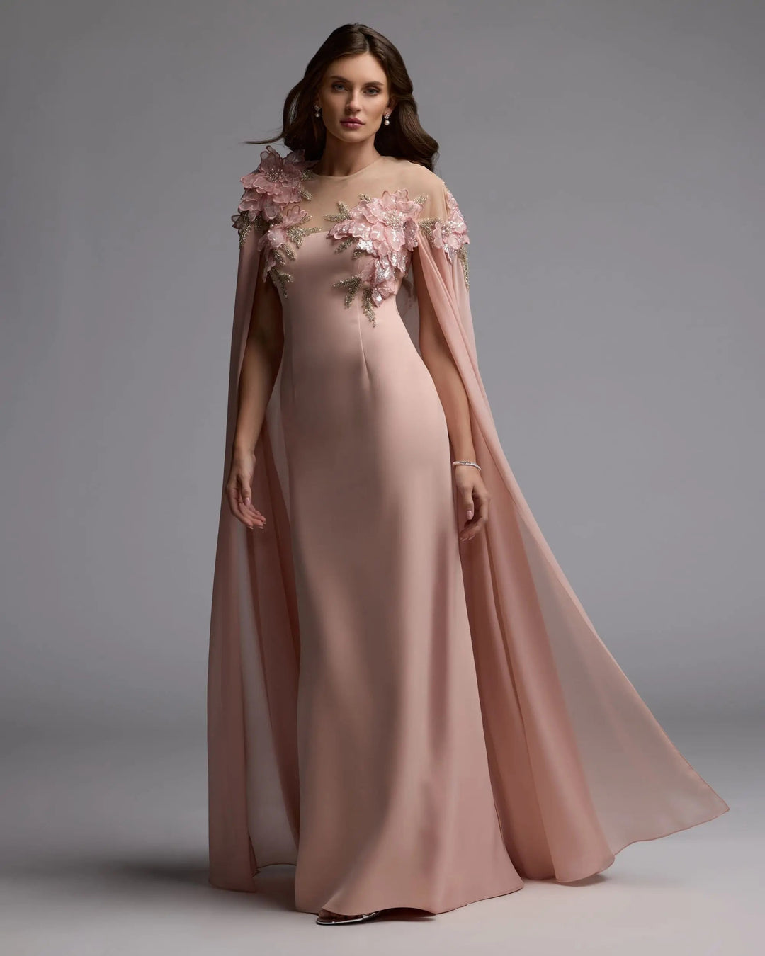 Mac Duggal 11942 Pink Embellished Crepe Gown With Chiffon Cape - FOSTANI.com
