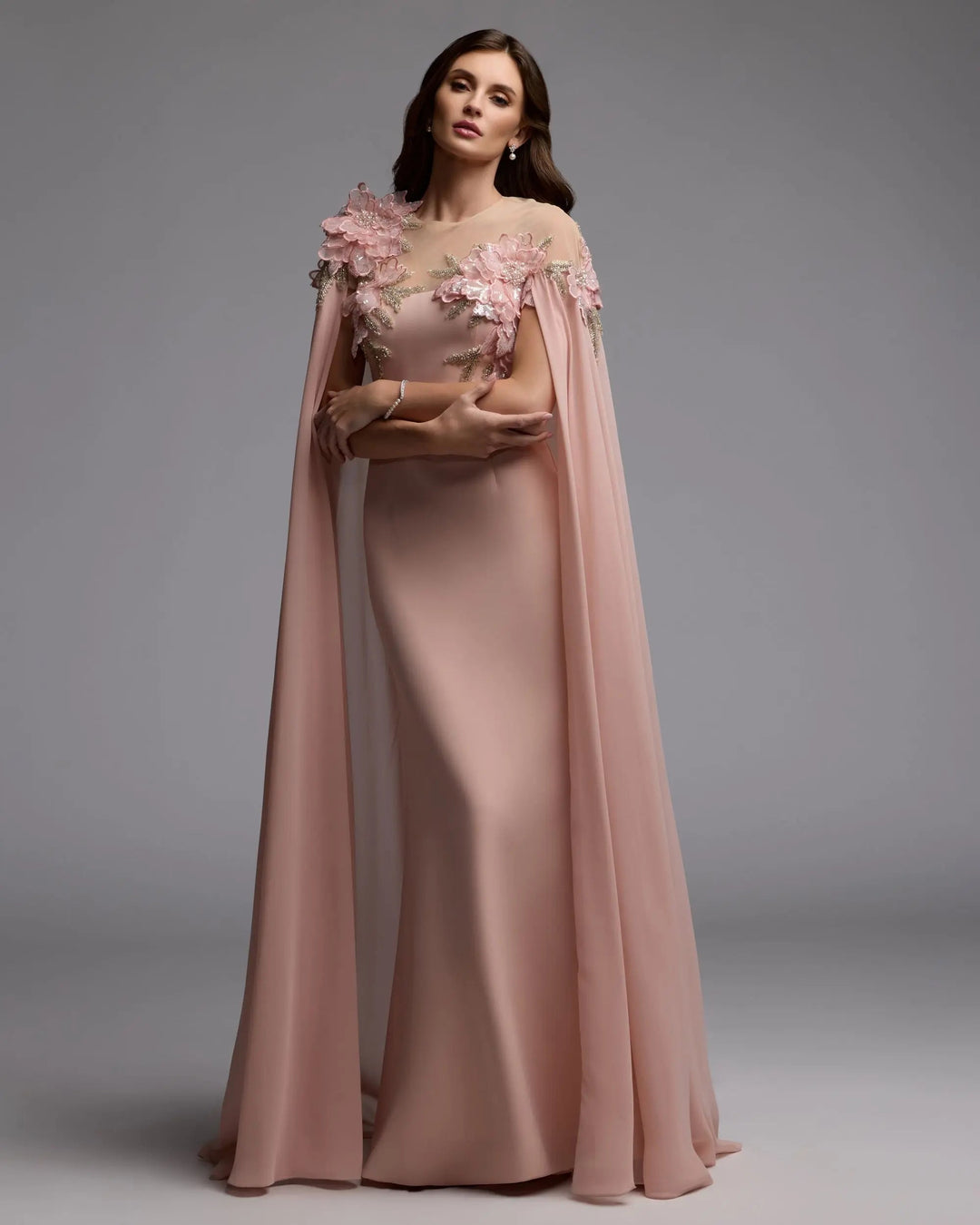 Mac Duggal 11942 Pink Embellished Crepe Gown With Chiffon Cape - FOSTANI.com