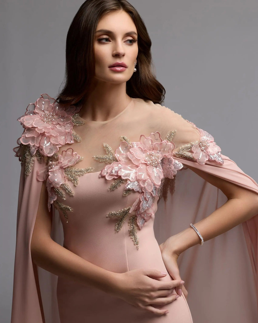 Mac Duggal 11942 Pink Embellished Crepe Gown With Chiffon Cape - FOSTANI.com