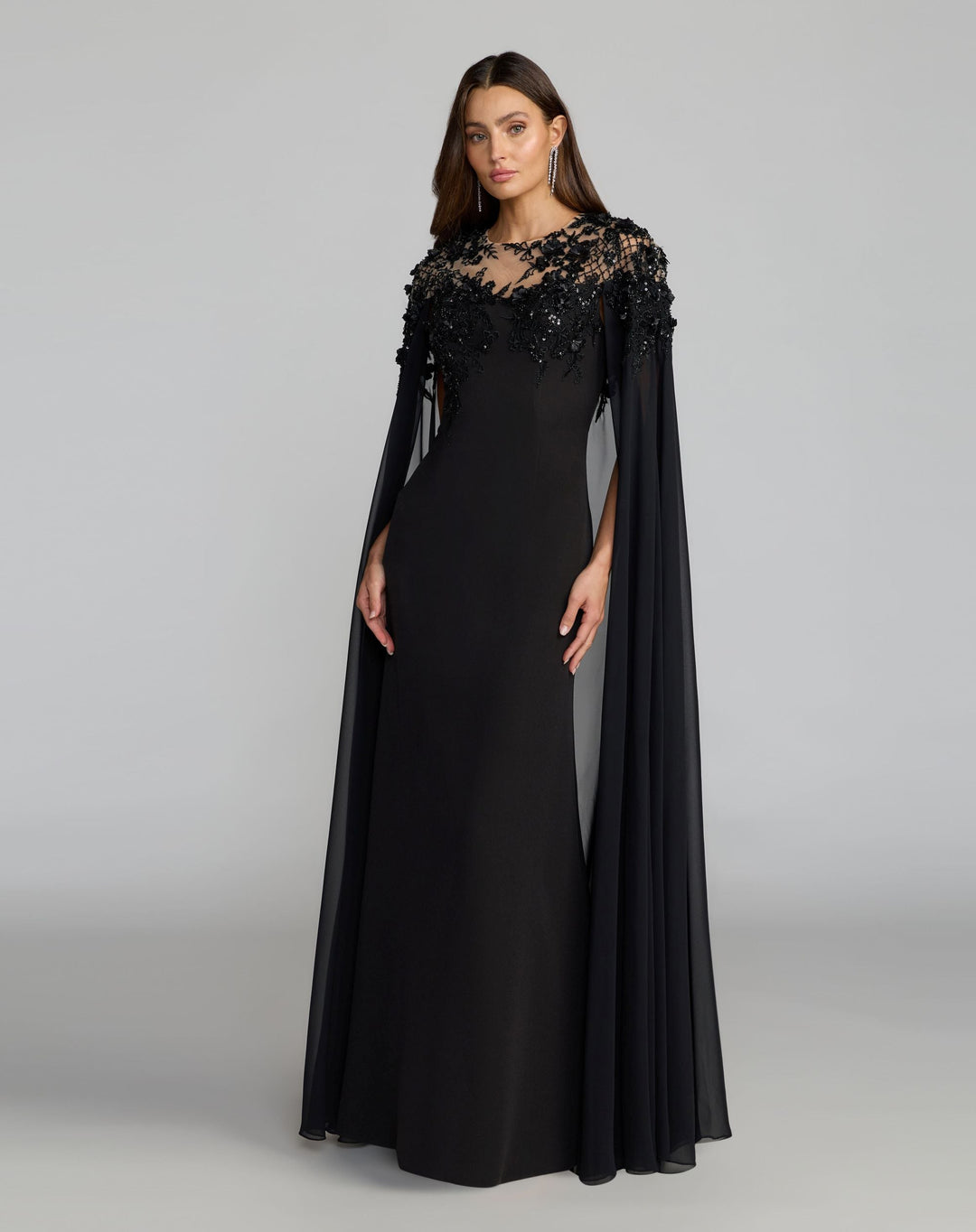 Mac Duggal 11954 Black Floral Embellished Crepe Gown With Chiffon Cape