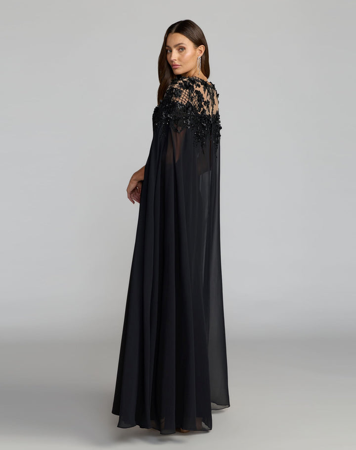 Mac Duggal 11954 Black Floral Embellished Crepe Gown With Chiffon Cape