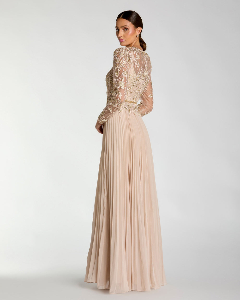 Beige Long Sleeve Chiffon Embellished Gown - FOSTANI.com