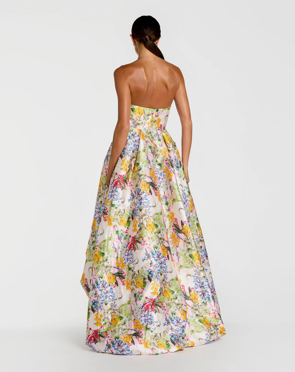 Multicolor Strapless Floral High Low Bubble Hem Gown - FOSTANI.com