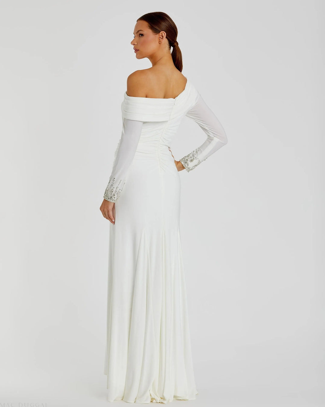 Mac Duggal 12231 White Beaded Cuff Drop Shoulder Faux Wrap Gown