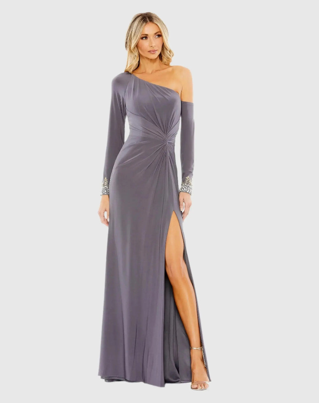 Mac Duggal 12489 Side Twist Drop Shoulder Beaded Cuff Gown