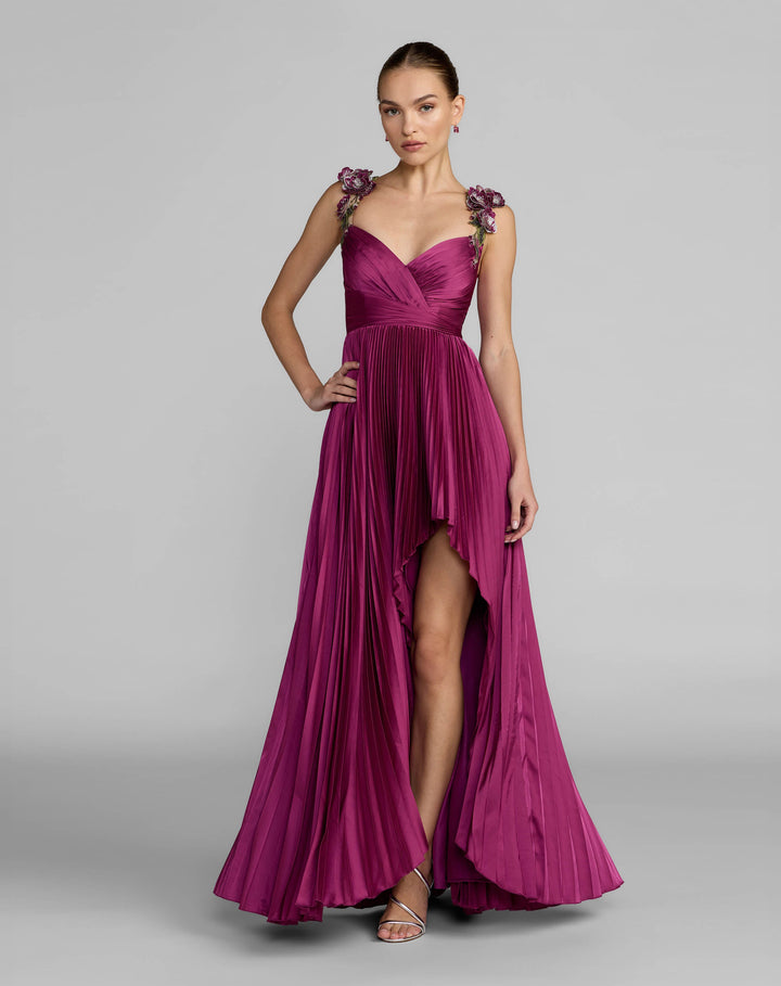 Mac Duggal 13263 Purple Pleated High Low Gown With 3D Floral Straps