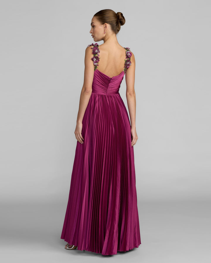 Mac Duggal 13263 Purple Pleated High Low Gown With 3D Floral Straps