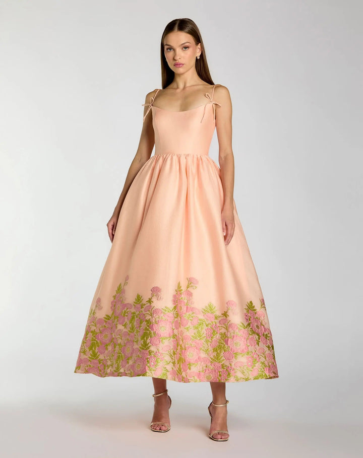 Peach Spaghetti Strap Organza Midi Dress With Bow Detail - FOSTANI.com