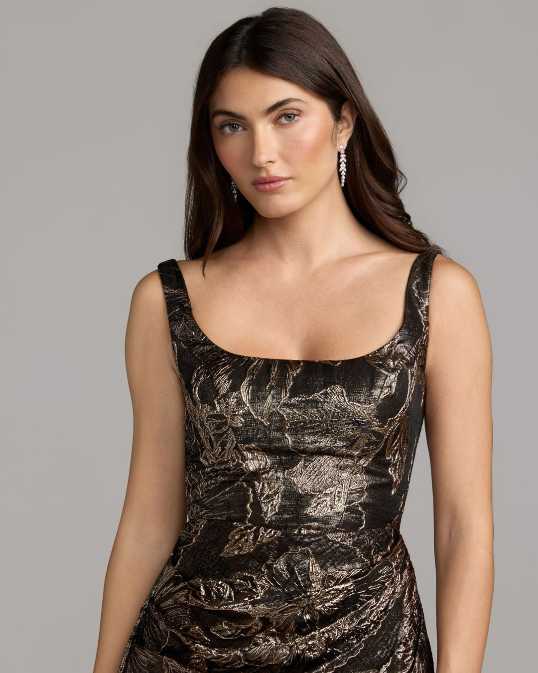 Mac Duggal 13381 Metallic Floral Brocade Gown with Overskirt