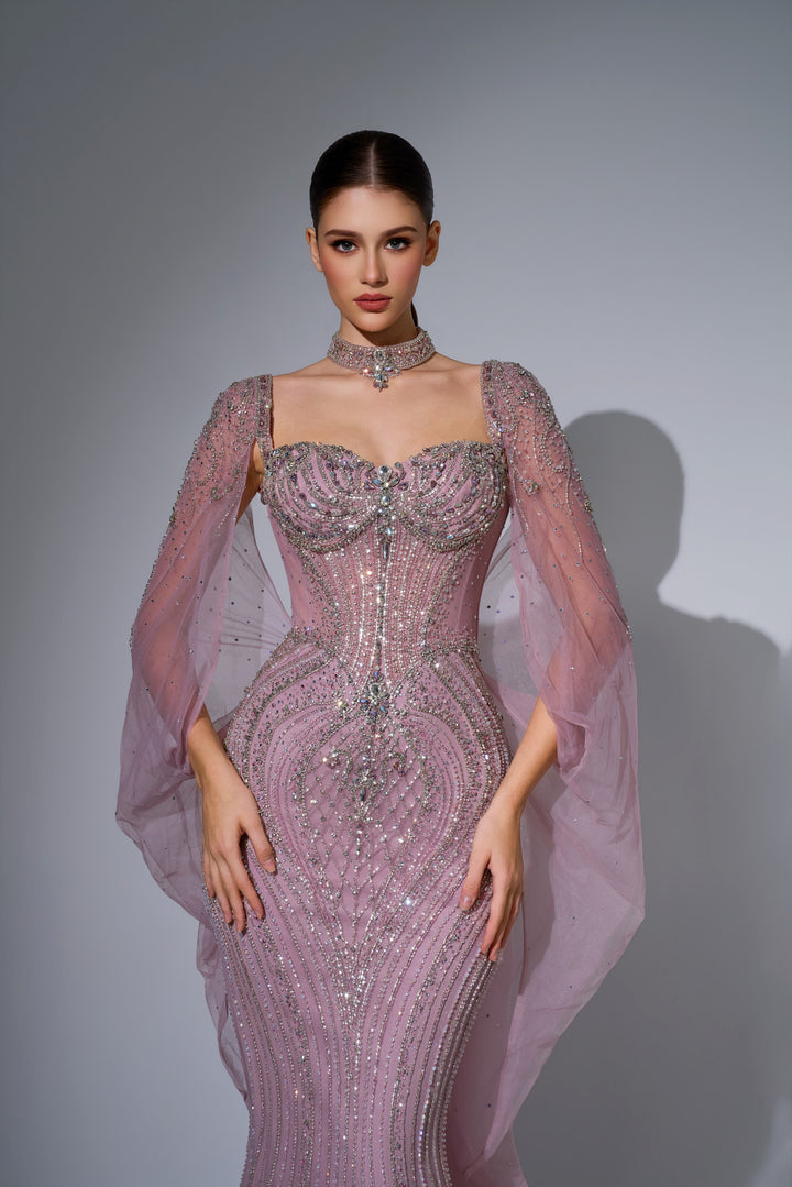 Delilah LD12076 Crystal Corset Mermaid Gown with Choker and Floor-Length Cape Sleeves - Pink close-up view