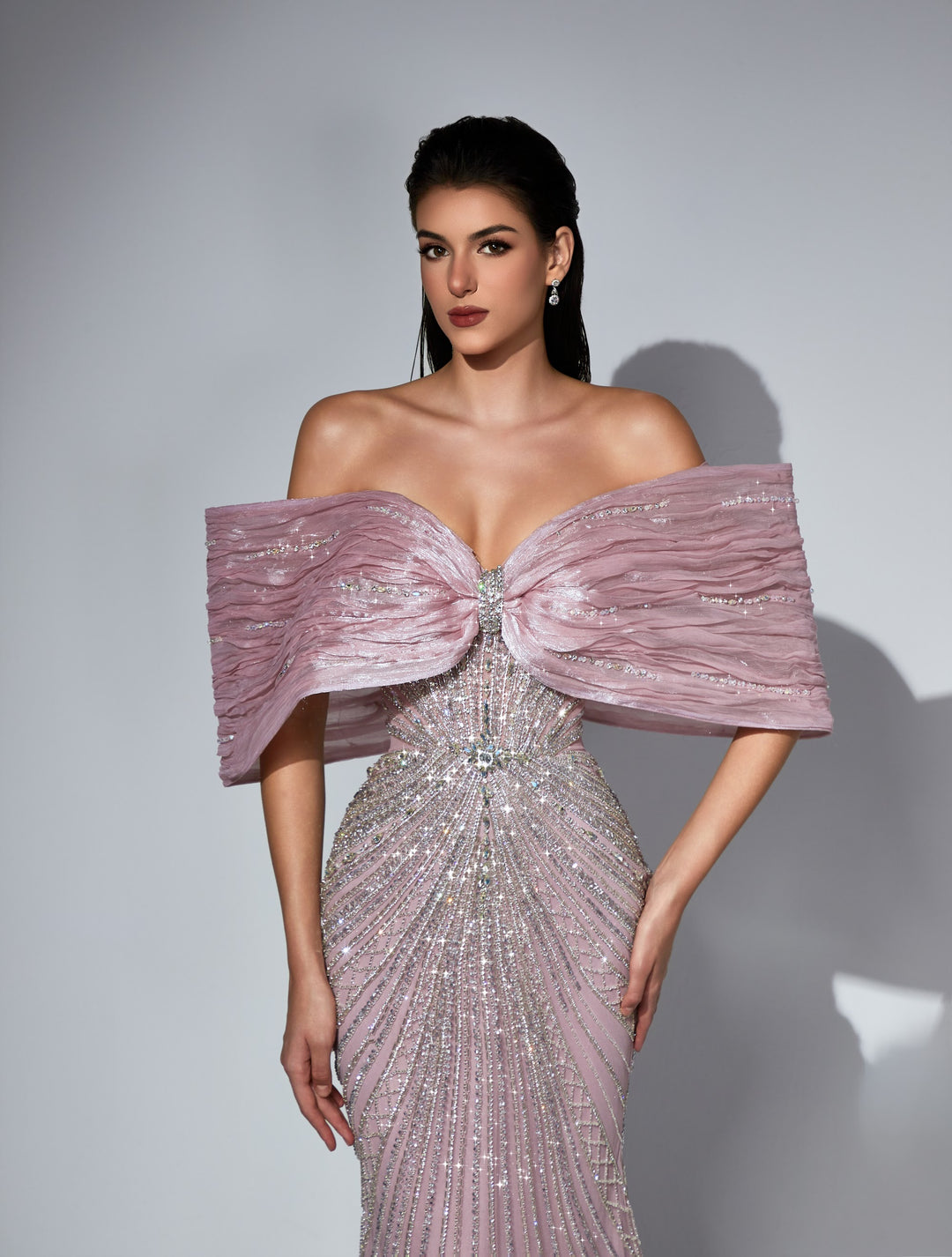 Delilah LD11576 Off-the-Shoulder Bow Collar Beaded Mermaid Gown - Pink close-up view