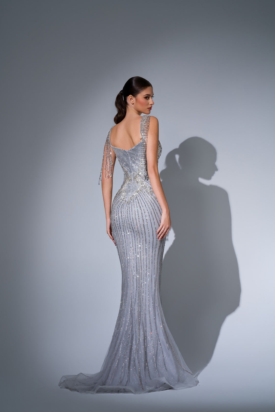 Delilah LD11684 Crystal Fringe Strap Plunging Linear Beaded Mermaid Gown - Silver back view
