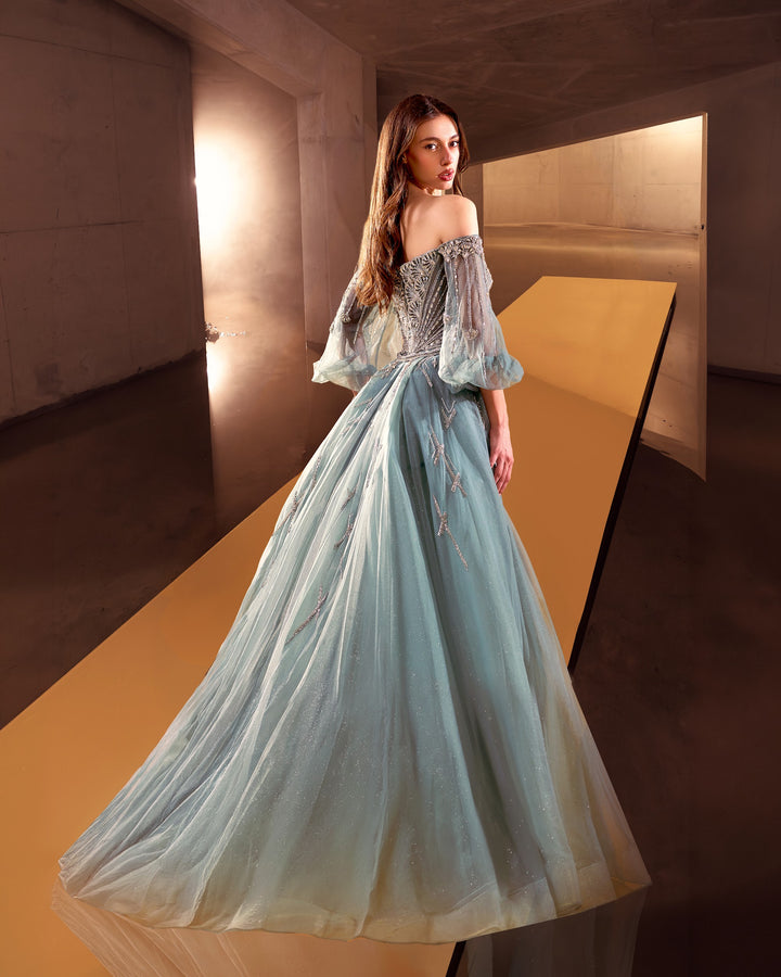 Delilah LD11622 Off-the-Shoulder Puff Sleeve Lattice Beaded Mermaid Gown with Tulle Overskirt - Sage back view
