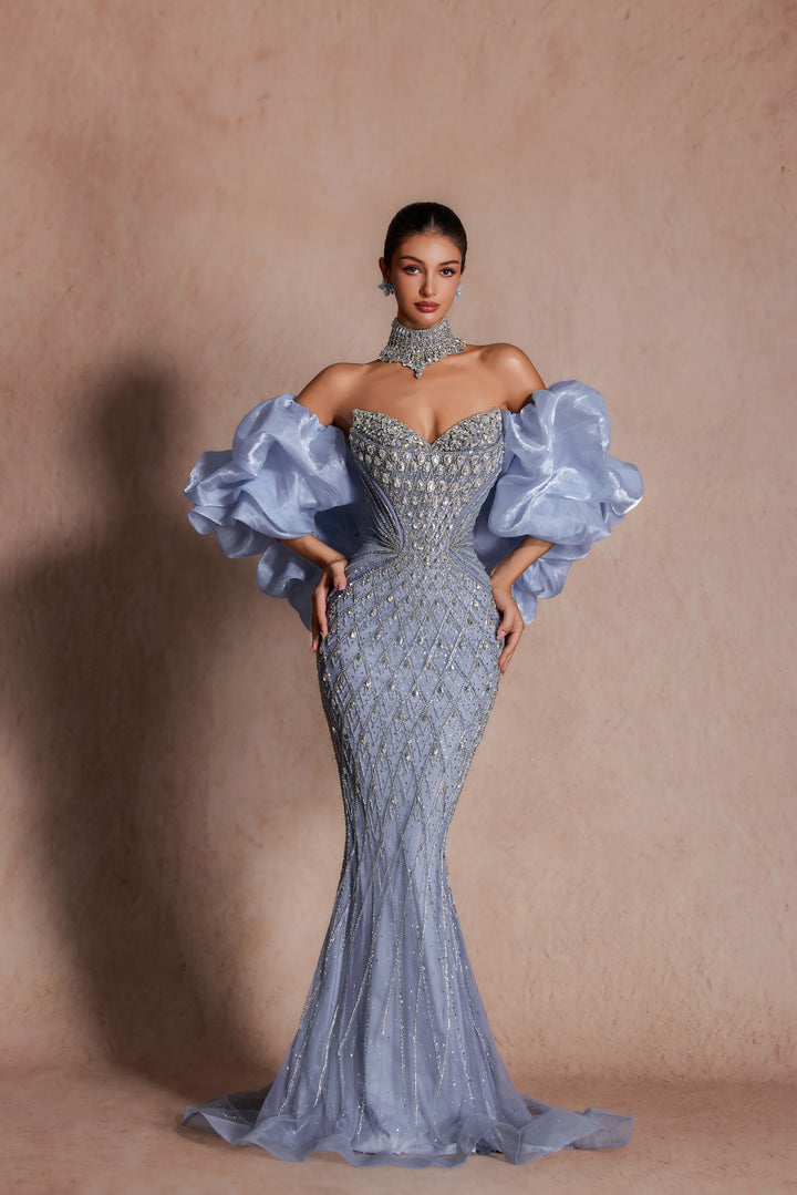 Delilah LD11689 Strapless Plunging Crystal Lattice Mermaid Gown with Puff Sleeves - Blue front view