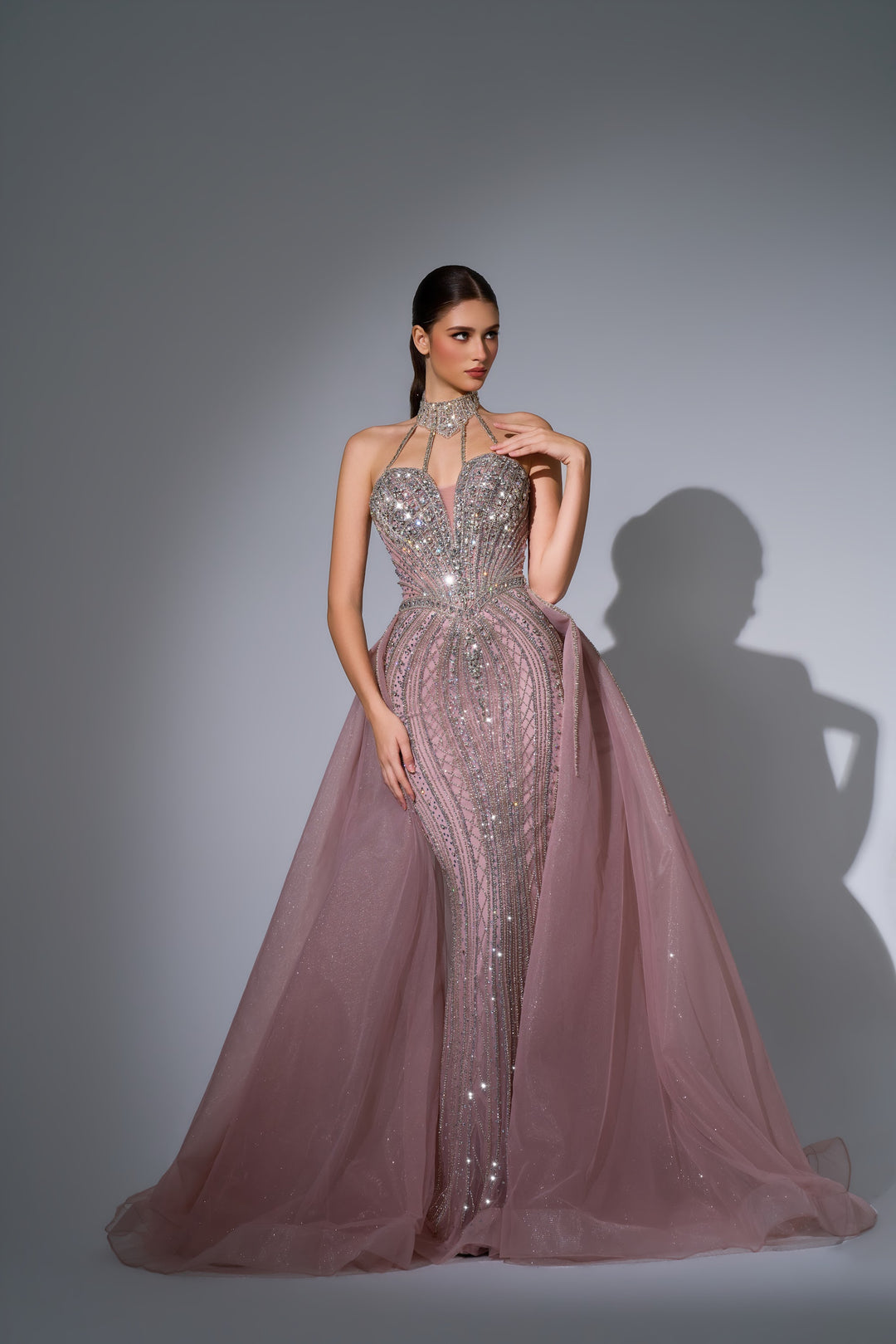 Delilah LD12027 Crystal Choker Halter Plunging Mermaid Gown with Tulle Overskirt - Pink front view