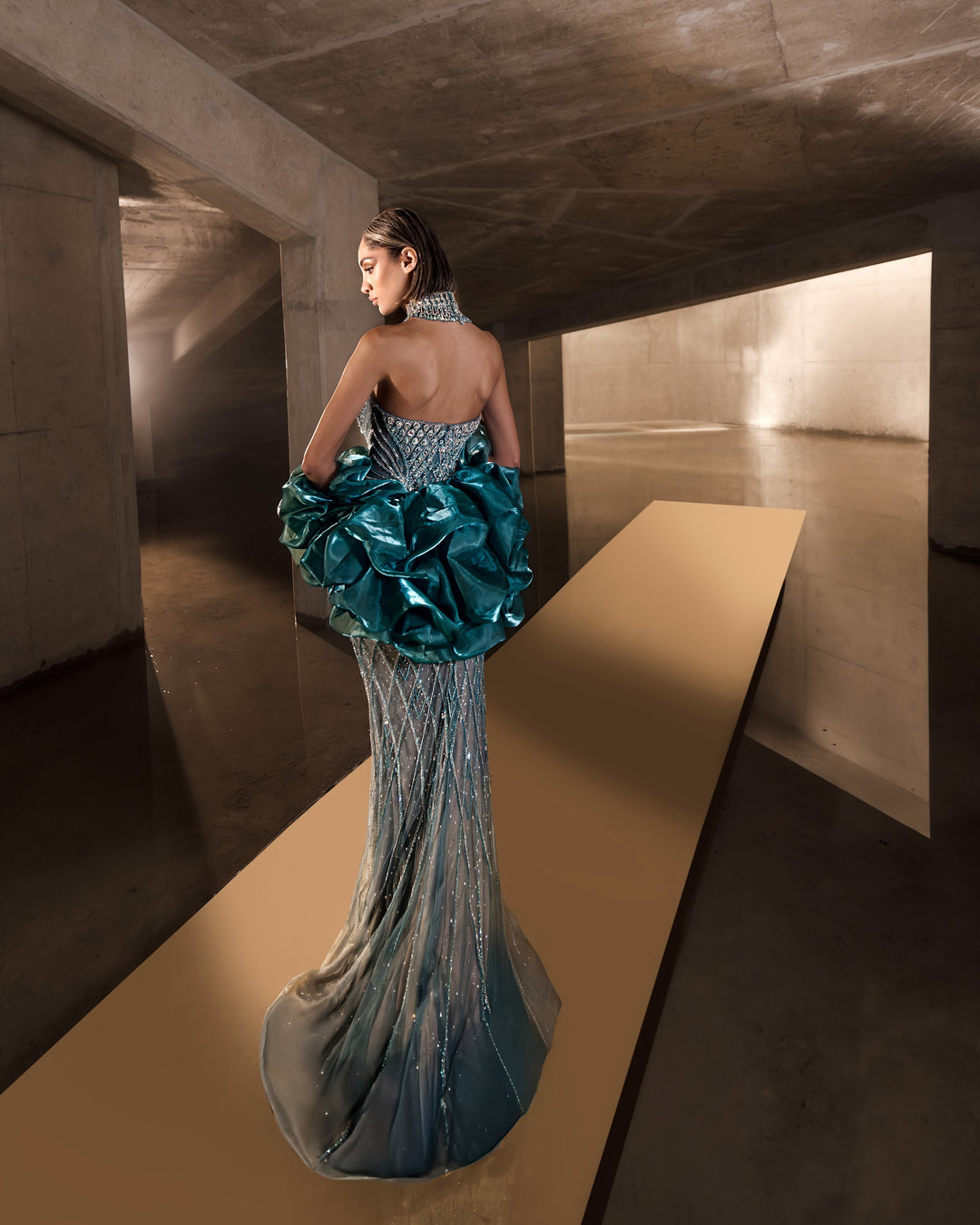 Delilah LD11689 Strapless Plunging Crystal Lattice Mermaid Gown with Puff Sleeves - Green back view