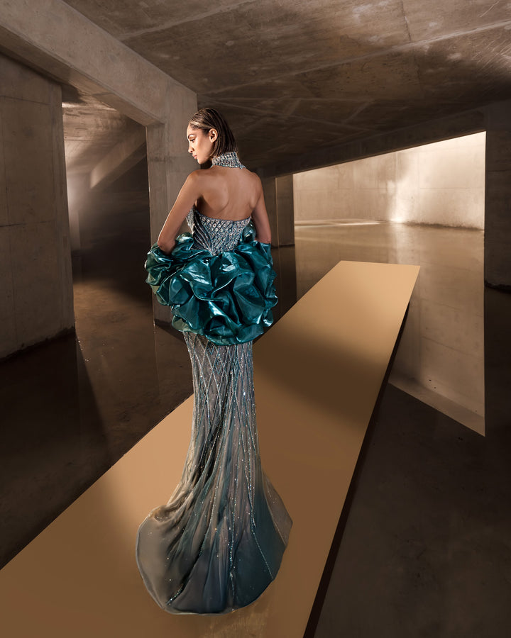 Delilah LD11689 Strapless Plunging Crystal Lattice Mermaid Gown with Puff Sleeves - Green back view