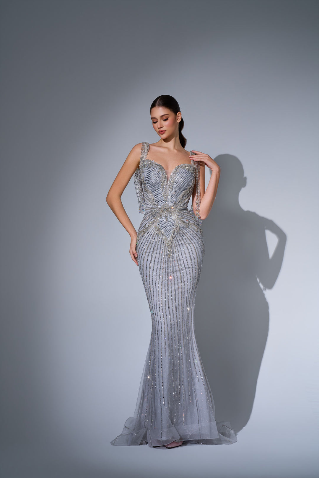Delilah LD11684 Crystal Fringe Strap Plunging Linear Beaded Mermaid Gown - Silver front view
