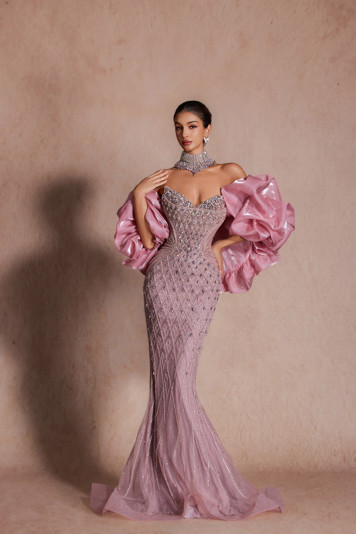 Delilah LD11689 Strapless Plunging Crystal Lattice Mermaid Gown with Puff Sleeves - Pink front view