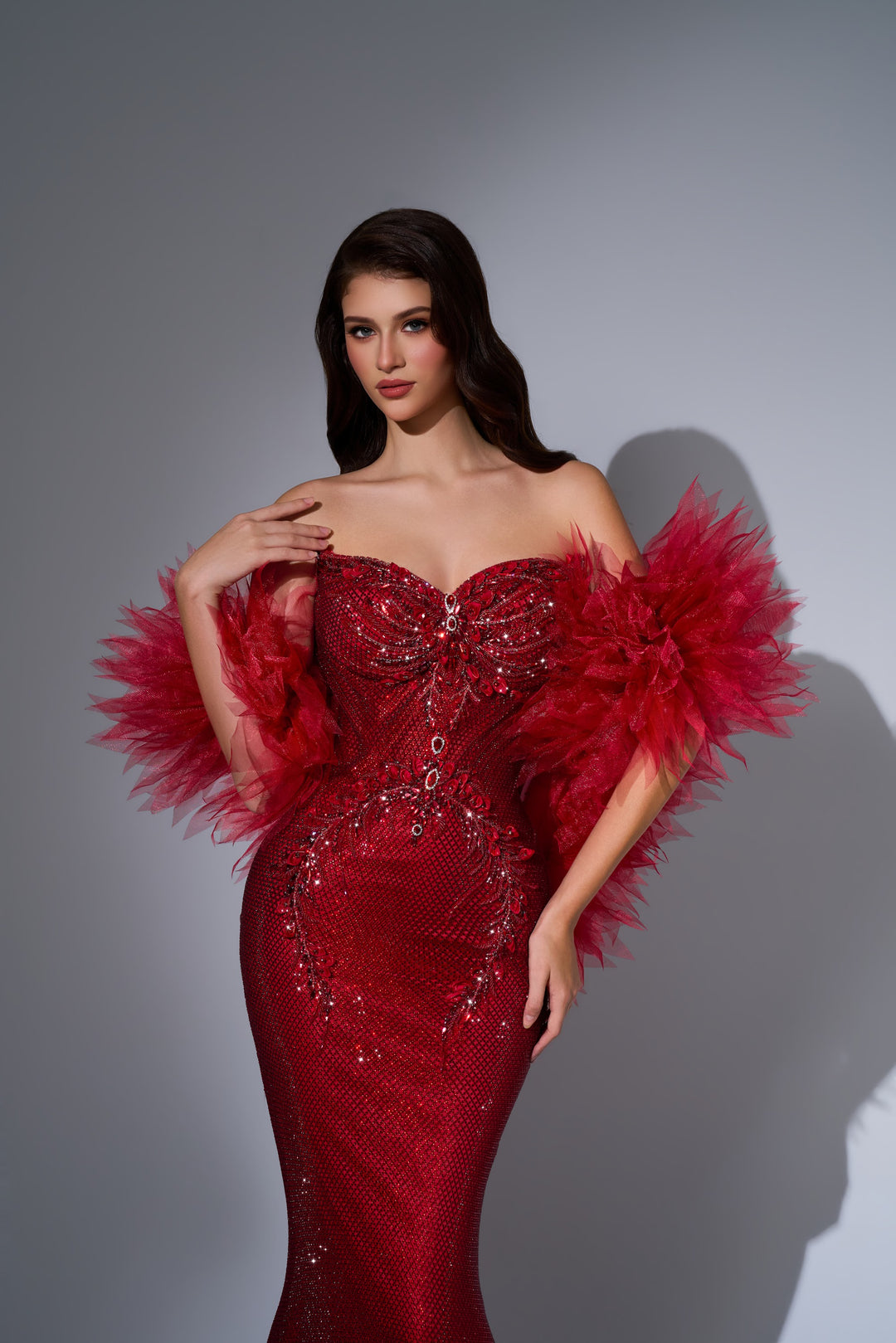 Delilah LD12101 Strapless Crystal Embroidered Mermaid Gown with Feather Arm Wrap - Red close-up view